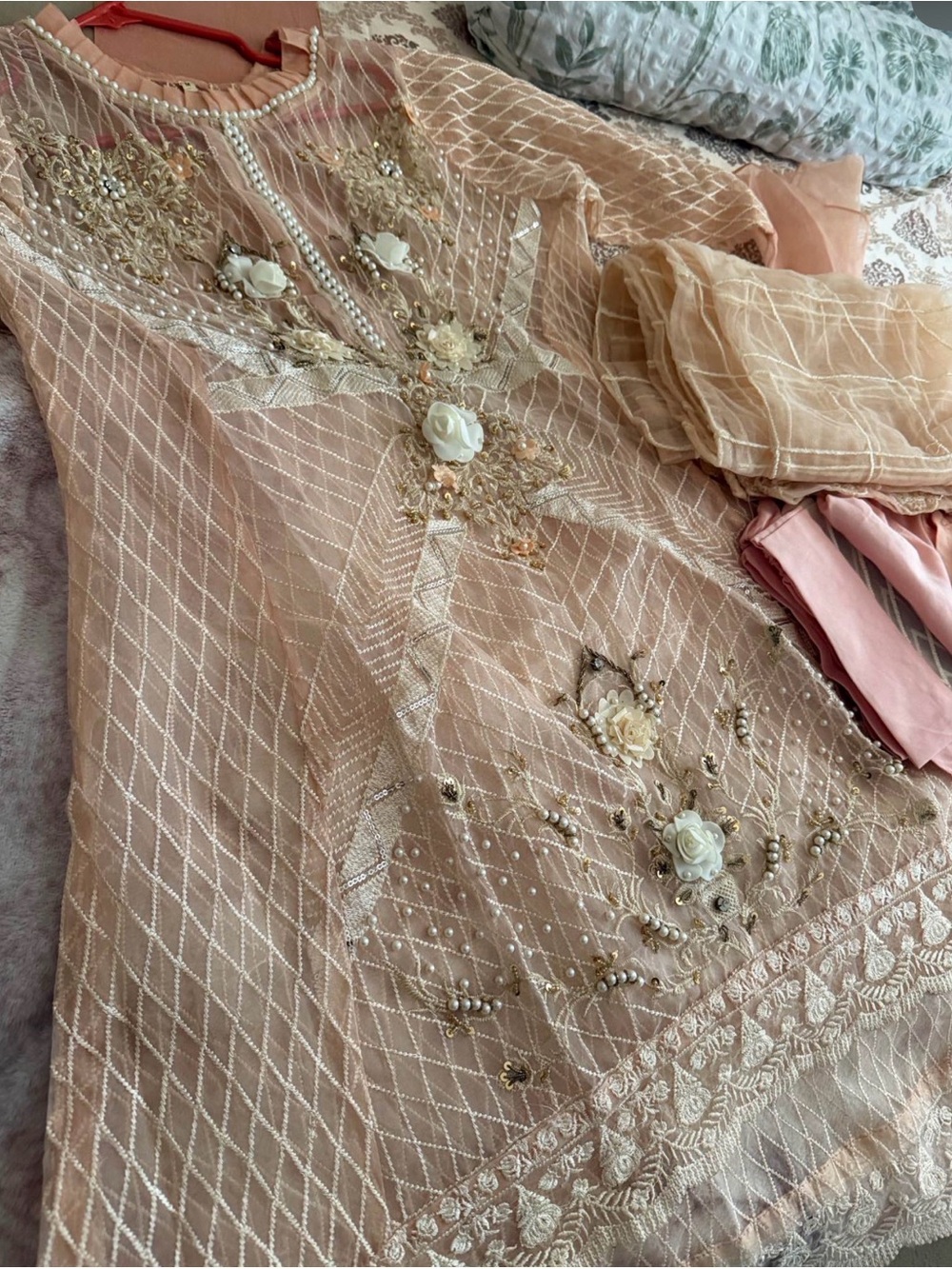 Embroidered Peach Party Pakistani dress  with Dupatta